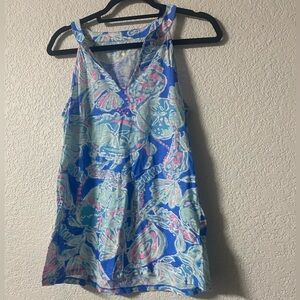 Lilly Pulitzer into the deep V-neck halter tank top in vibrant blue / pink